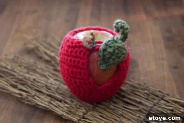 Close-up of a crocheted apple cozy with a leaf design, holding an apple