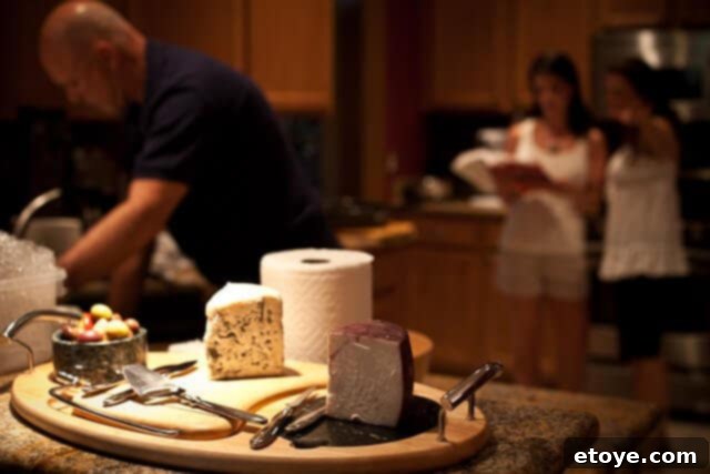 Flank Steak & Chèvre Toasts 3 Friends gathered in a kitchen, one reading a cookbook, another preparing food, during a lively tapas party.