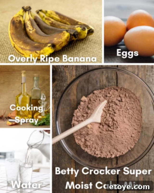 Key ingredients for a quick microwave chocolate mug cake: cake mix, ripe banana, eggs, and water.