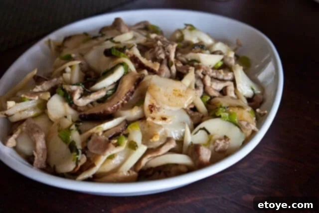 Savory Nian Gao Stir-Fry 18 A close-up of a serving of homemade stir-fried Chinese sticky rice cakes.