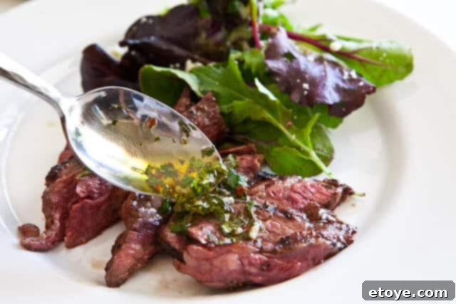 Zesty Chimichurri Skirt Steak 9 Grilled skirt steak topped with fresh chimichurri sauce