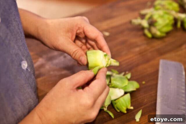 Peeling the outer layers of leaves from a baby artichoke.