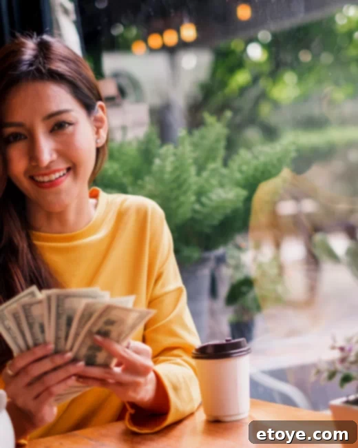 Woman happily holding money - Symbolizing prosperity and winning in a fall giveaway