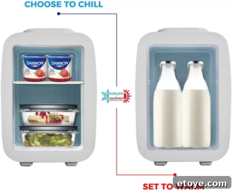 Side view of the portable mini fridge showcasing its cooling and warming capabilities with temperature settings.