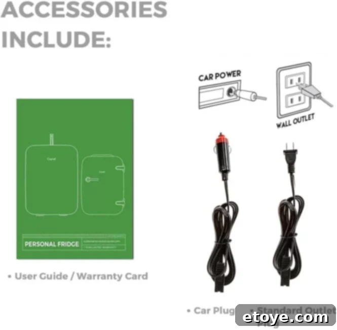 Close-up of the mini fridge power ports showing both AC home and DC car adapter inputs.