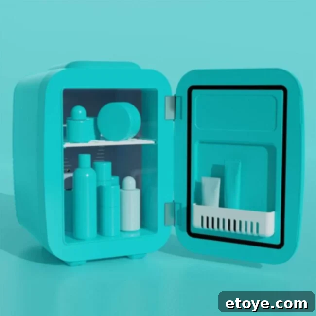 Mini beauty fridge filled with various skincare products like serums, masks, and creams on a vanity.