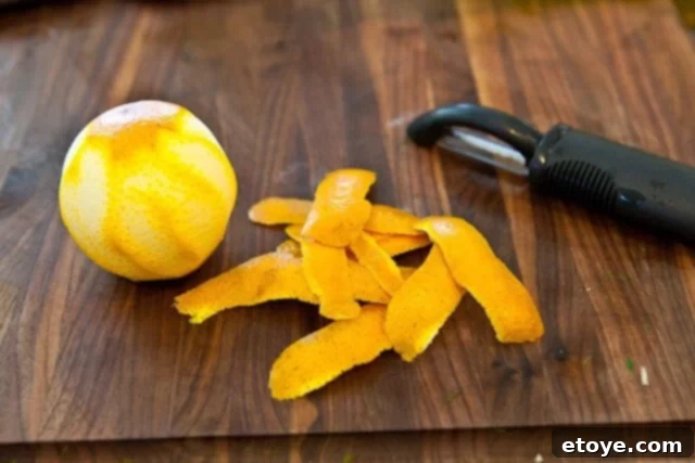 Orange peel for Bouillabaisse Orange peel strips prepared for Bouillabaisse