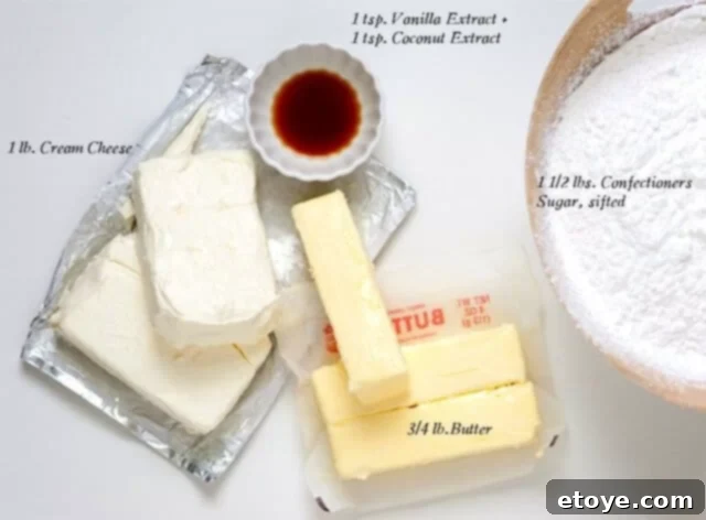 Chocolate and Coffee Cupcakes with Coconut Frosting Ingredients All the ingredients for making chocolate coffee cupcakes and coconut frosting, including cake mix, coffee, cream cheese, butter, sugar, extracts, and shredded coconut.