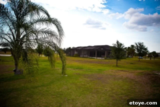 The back of a main house with a large swimming pool and spacious patio area