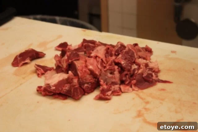 Beef tenderloin scraps being fed into a meat grinder to make ground beef