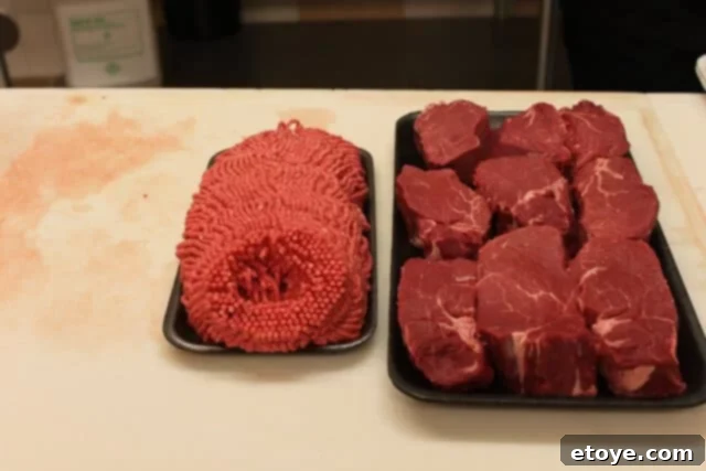 Four pounds of freshly ground filet mignon beef, ready for use