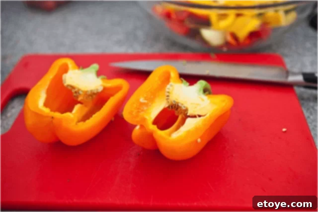Halved bell peppers for kabobs