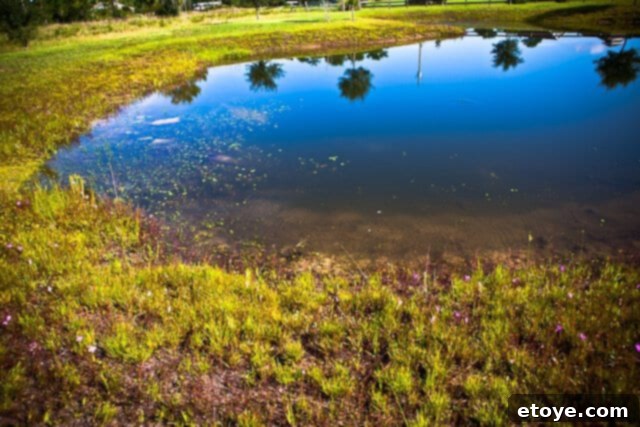 Primal Feast 9 A peaceful view of the second pond located in front of the house, its surface still and reflecting the surroundings, yet to reveal its deeper secrets.
