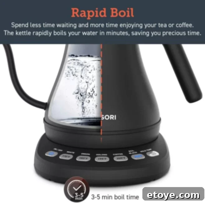 Perfect Brew Organic Tea Kettle Set 6 Electric kettle showcasing rapid heating capabilities and advanced safety features for peace of mind