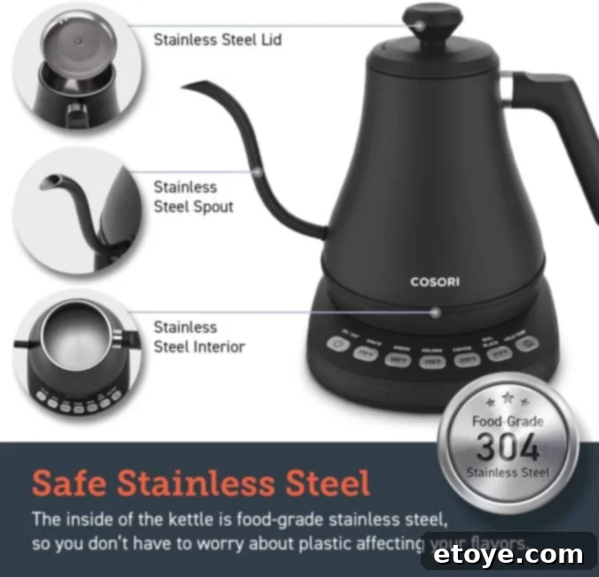 Perfect Brew Organic Tea Kettle Set 7 The gooseneck kettle illustrating its quick boil and intelligent keep-warm functions