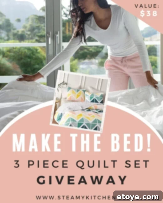 Upgrade Your Bed 3 Piece Quilt Set Giveaway 3 Close-up of neatly folded bedding and pillows, emphasizing a well-made bed and attention to detail