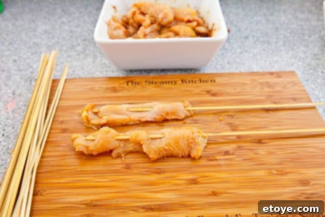 Savory Peanut Chicken Skewers 7 Chicken strips threaded onto bamboo skewers