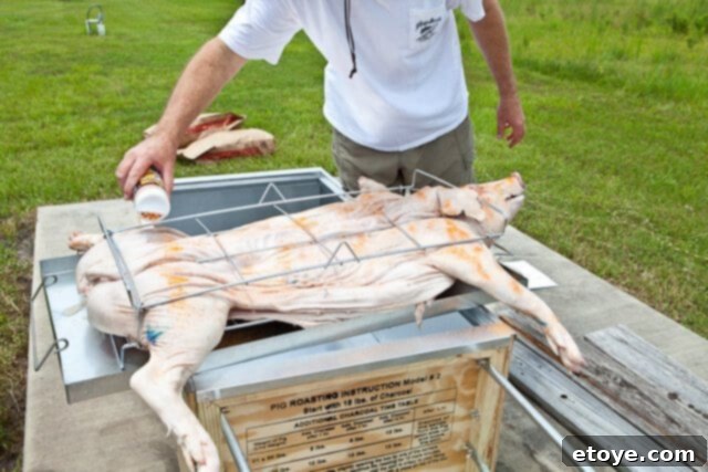 La Caja China Hog Heaven 18 Seasoning one side of the pig in the wire rack