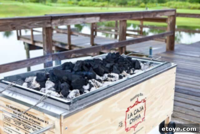 La Caja China Hog Heaven 25 Charcoal burning on top of La Caja China