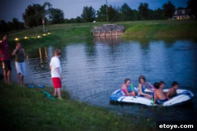 A child on the raft looking back, adding to the playful narrative of escape.