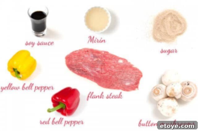 Flank-Steak-with-Teriyaki-Sauce Fresh ingredients laid out for making teriyaki steak: flank steak, button mushrooms, red and yellow bell peppers, and teriyaki sauce components.