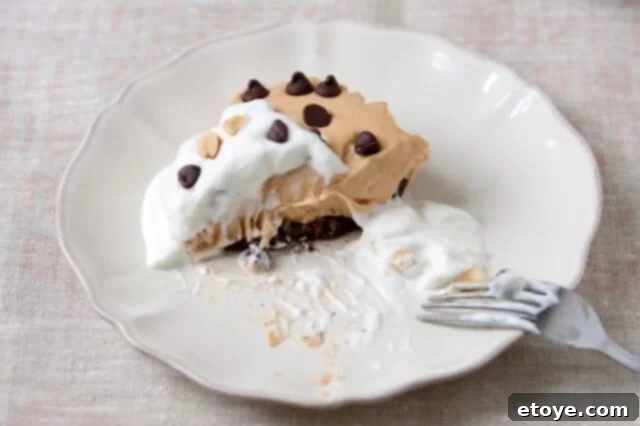 Half Eaten Peanut Butter Pie A half-eaten Peanut Butter Pie, showing creamy texture and chocolate crust, with a slice already taken.