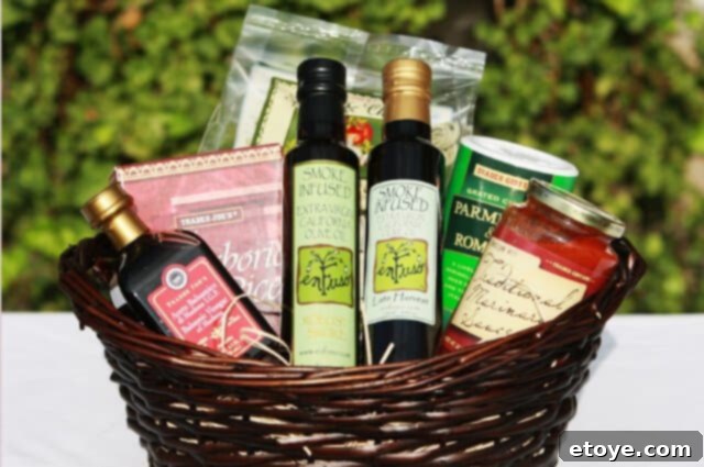 Win an enFuso Gift Basket 2 A gourmet enFuso gift basket overflowing with smoke-infused olive oils, artisanal pasta, aged balsamic vinegar, and other fine Italian ingredients, set against a rustic background.