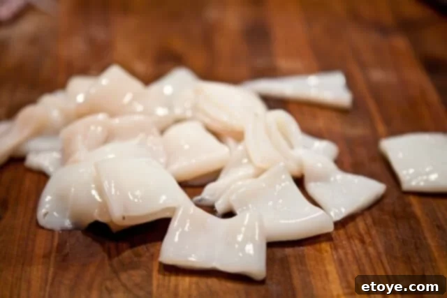 Calamari cut into rings before grilling