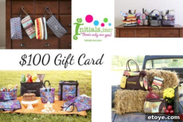 Win a $100 Initials Inc. Gift Card 2 Initials Inc. personalized tote bags and accessories display showcasing custom items for unique style.