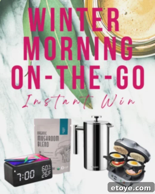 Winter Morning On-the-Go Bundle featuring smart alarm, mushroom blend, sandwich maker, and French press