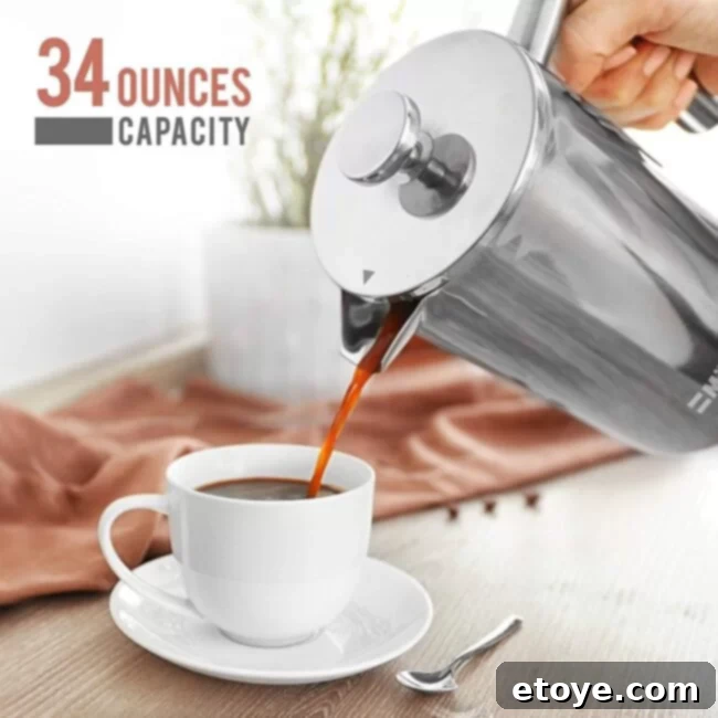 Mueller Double Insulated French Press with coffee beans and a travel canister