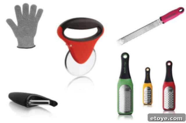 Microplane kitchen tools bundle including peeler, zester, grater, pizza cutter, and safety glove