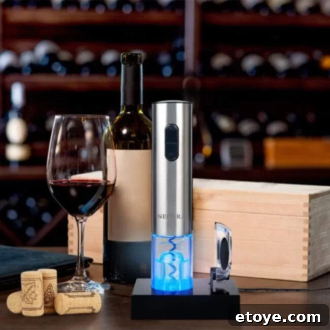 Sip and Savor Instant Win 4 Secura Electric Wine Opener removing a cork from a wine bottle.