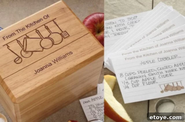 Personalized Recipe Box and Cards Beautifully crafted personalized engraved wooden recipe box with custom recipe cards.