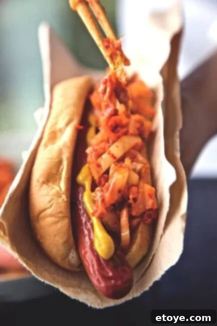 Hot Dogs with Kimchi Relish Recipe Final Finished Hot Dogs with Kimchi Relish ready to eat