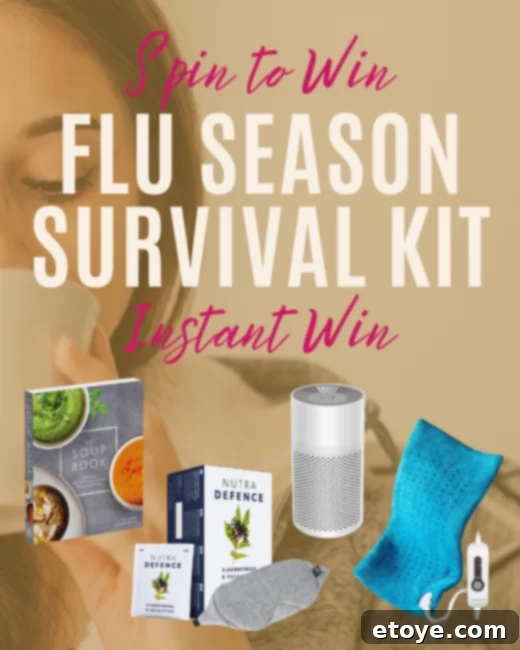 Instant Win Flu Season Survival Kit 2 Cozy winter essentials for flu season, including a soup book, heating pad, air purifier, eye mask, and tea
