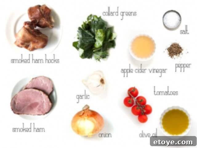Fresh Collard Greens and Other Ingredients Ingredients for Easy Collard Greens with Ham Hock