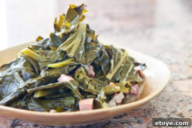 Effortless Savory Collard Greens with Ham 2 Finished dish of Southern Collard Greens with Ham Hock