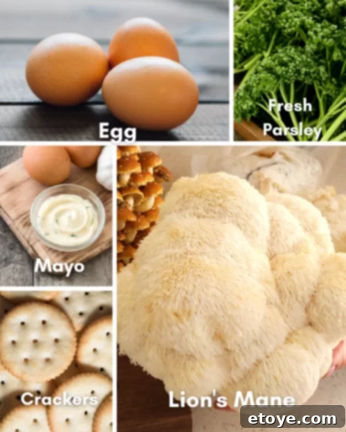 Ingredients for Lion's Mane Crab Cake Recipe including mushrooms, egg, mayo, crackers, and parsley
