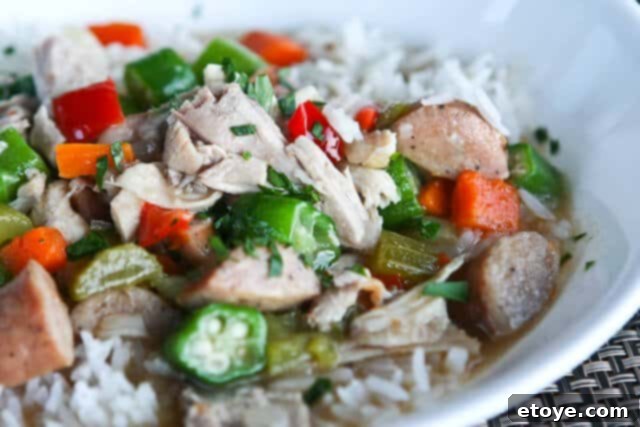 A bowl of rich turkey gumbo served over rice, garnished with fresh herbs, showcasing a comforting post-Thanksgiving meal.