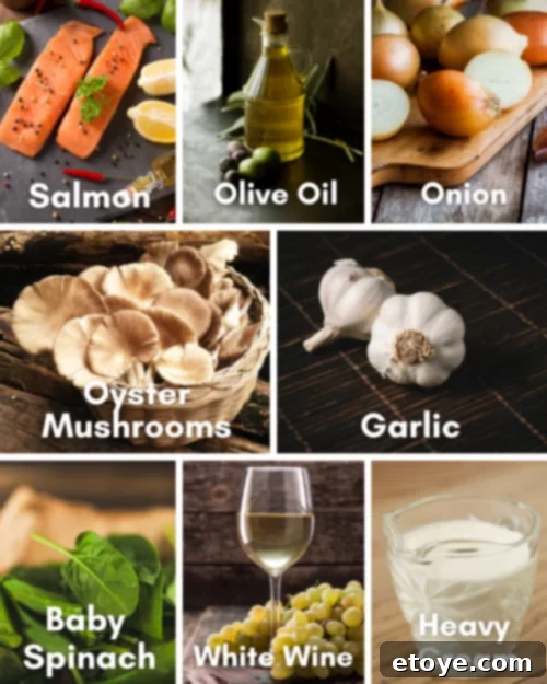 Pan-Seared Salmon with Creamy Spinach and Mushroom Sauce 3 Fresh ingredients laid out for making Salmon & Creamy Spinach with Mushroom Sauce, including salmon fillets, oyster mushrooms, spinach, onion, garlic, olive oil, white wine, and heavy cream.