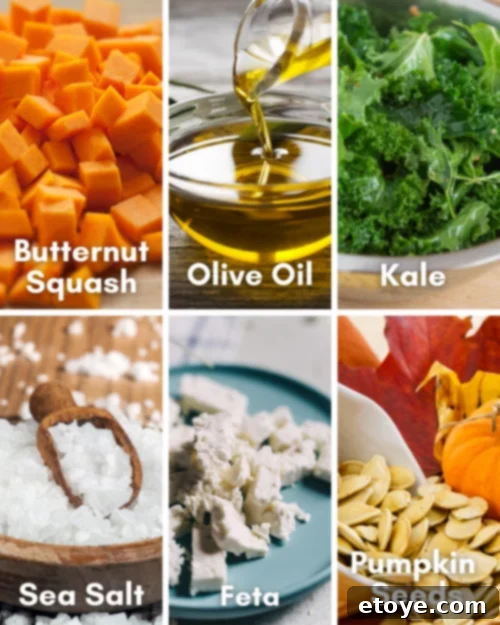 A colorful arrangement of fresh ingredients for a healthy roasted squash, kale, and feta salad. Includes bright orange butternut squash cubes, verdant kale, creamy crumbled feta, and nutritious pumpkin seeds, artfully displayed with all the components required for a homemade citrus walnut vinaigrette.