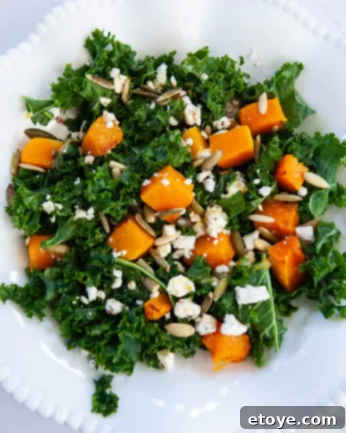 A generous serving of a richly textured salad featuring roasted pumpkin (squash), crumbled feta cheese, and tender kale, all generously coated with a delicious, homemade dressing, ready to be enjoyed.