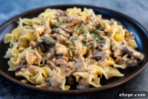 Creamy Healthy Turkey Stroganoff 7 Close-up of turkey stroganoff ingredients on a plate.