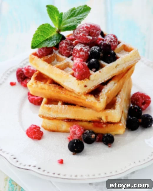 Delicious Waffles with Fresh Berries and Powdered Sugar