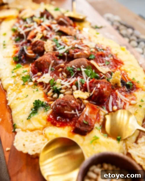 Polenta Board with Sausage and Mushroom Ragu 6 Close up of Ragu and Polenta on Board