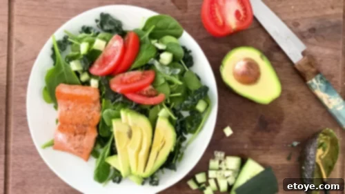 Vibrant Seared Salmon Salad with Crispy Chickpeas and Zesty Strawberry Vinaigrette 10 Veggie salad with salmon and avocado slices