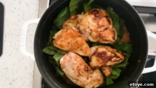 Wholesome Honey Mustard Chicken with Golden Quinoa Pilaf 8 Cooking quinoa, swiss chard, and chicken together in a pan