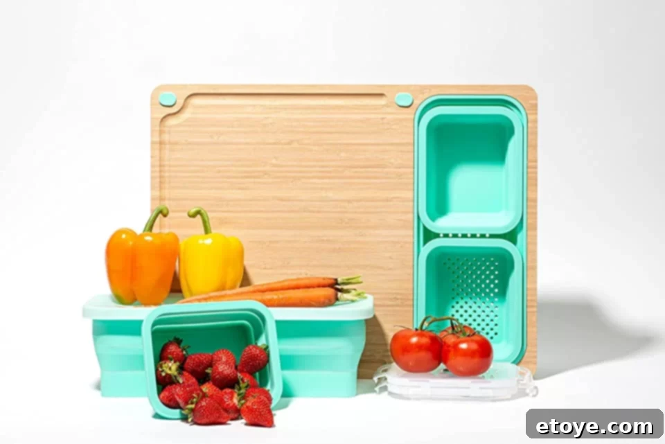 Master Your Meals with TidyBoard Review and Giveaway 3 Close-up of TidyBoard showing integrated strainer and collapsible containers over a sink