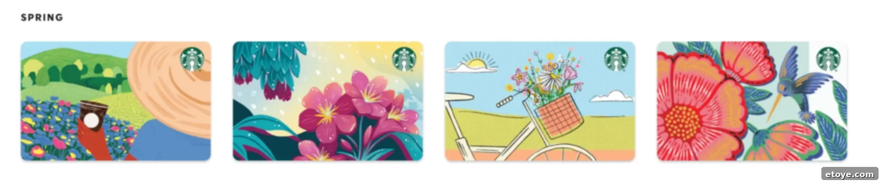 Spring into Instant Wins at Starbucks 4 Close-up of new spring-themed Starbucks gift card designs, featuring lively colors and seasonal motifs